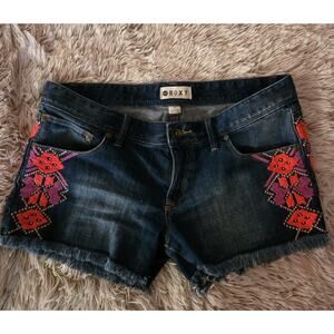 ROXY Blue DENIM Boho Aztec Pink Purple Embroidered Cutoff Jean Shorts Womens 30